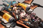  all_fours aqua_hair ass blue_eyes brown_hair commentary dildo gagged hatsune_miku kvpk5428 long_hair multiple_girls navel needle restrained sex_machine space_craft star_wars stationary_restraints stomach twintails vocaloid x-wing 