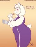  2018 anthro belly boss_monster caprine clothed clothing digital_media_(artwork) eating female food goat gradient_background hi_res horn long_ears mammal nekocrispy overweight overweight_female pie simple_background slightly_chubby solo toriel undertale video_games weight_gain 