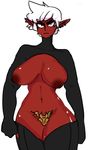  areola big_breasts breasts clothed clothing ear_piercing female frown hair honeyboyy humanoid looking_at_viewer navel nipples not_furry partially_clothed piercing portrait red_nipples red_skin simple_background solo standing three-quarter_portrait white_background white_hair 