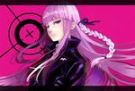  braid crosshair danganronpa danganronpa_1 jacket kirigiri_kyouko long_hair looking_at_viewer necktie pink_background purple_eyes purple_hair purple_jacket purple_ribbon red_neckwear ribbon side_braid solo torikai_yasuyuki 