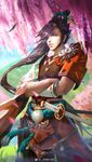  artist_name black_hair blue_eyes c-a-t_c-a-t cherry_blossoms earrings eyepatch flower highres japanese_clothes jewelry katana long_hair male_focus minamoto_no_hiromasa onmyoji ponytail solo sword teeth tree weapon 