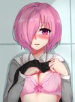  bangs blush bow bow_bra bra breasts cleavage fate_(series) graphite_(medium) hair_over_one_eye kuzya looking_at_viewer mash_kyrielight mechanical_pencil medium_breasts parted_lips pencil pink_bra pink_eyes pink_hair shirt_lift short_hair tiles traditional_media underwear upper_body 