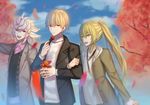  :d black_jacket blonde_hair blue_eyes blue_sky brown_jacket cloud collarbone day dress_shirt earrings enkidu_(fate/strange_fake) eyebrows_visible_through_hair fate_(series) gilgamesh green_eyes green_hair hair_between_eyes holding jacket jewelry locked_arms long_hair looking_away male_focus merlin_(fate) multiple_boys open_clothes open_jacket open_mouth outdoors petals pink_shirt ponytail red_eyes shirt silver_hair sky smile spiked_hair standing sweater tree very_long_hair white_shirt white_sweater x_key_s 