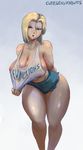  :o android_18 blonde_hair blue_background blue_eyes breasts cleavage clothes_writing collarbone commentary cutesexyrobutts denim denim_shorts dragon_ball dragon_ball_z gradient gradient_background highres huge_breasts leaning_forward looking_at_viewer meme midriff navel short_hair short_shorts shorts solo thick_thighs thighs white_background 