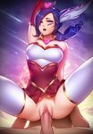  absurdres animal_ears arm_behind_head arm_up bare_shoulders blue_eyes blue_hair bottomless breasts elbow_gloves gloves gumroad_reward hair_over_one_eye half-closed_eyes heart highres image_sample large_breasts league_of_legends long_hair looking_back open_mouth paid_reward penis pink_lady_mage pussy sex solo_focus spread_legs thighs uncensored vaginal white_legwear xayah 