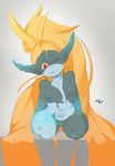  2018 big_hair black_skin blonde_hair blush breasts butt fangs fluffbug grey_skin hair humanoid imp invalid_tag long_hair looking_away markings midna midriff navel nintendo not_furry orange_hair pussy red_eyes sitting small_breasts the_legend_of_zelda thick_thighs twili twilight_princess video_games yellow_sclera 
