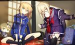  ahoge artoria_pendragon_(all) bag bag_charm bed blonde_hair charm_(object) commentary_request fate/grand_order fate_(series) food_in_mouth glasses kauto multiple_girls mysterious_heroine_x mysterious_heroine_x_(alter) no_hat no_headwear saber school_uniform shorts stuffed_toy thighhighs 