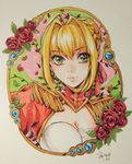  ahoge blonde_hair dress epaulettes fate/extra fate_(series) green_eyes nero_claudius_(fate) nero_claudius_(fate)_(all) red_dress sao_(saowee) solo traditional_media 