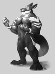  anthro featureless_crotch greyscale kangaroo male mammal marsupial monochrome muscular muscular_male nude smile solaxe_(artist) solo standing 