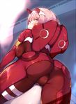 arched_back ass bangs blue_eyes blush bodysuit breasts camera closed_mouth commentary darling_in_the_franxx deru06 eyebrows_visible_through_hair from_behind hairband horns large_breasts long_hair looking_at_viewer looking_back pilot_suit pink_hair red_bodysuit shiny shiny_clothes shiny_hair shiny_skin skin_tight solo trefoil white_hairband zero_two_(darling_in_the_franxx) 