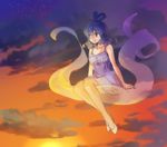  alternate_costume bangs bare_arms blue_dress blue_hair brown_eyes closed_mouth cloud cloudy_sky dress dusk full_body hair_rings kaku_seiga looking_to_the_side makuwauri shawl sitting sky smile solo star_(sky) sun touhou white_footwear 