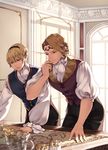  ai-wa blonde_hair brothers desk european_clothes fire_emblem fire_emblem_if leon_(fire_emblem_if) male_focus marks_(fire_emblem_if) multiple_boys open_mouth red_eyes siblings smile tiara 