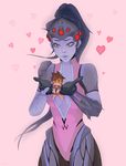  absurdres arm_tattoo blue_hair bodysuit breasts brown_eyes brown_hair gloves goggles gothbus head_mounted_display heart highres long_hair medium_breasts minigirl multiple_girls open_mouth overwatch pauldrons pink_background pink_bodysuit ponytail purple_skin short_hair simple_background tattoo tracer_(overwatch) widowmaker_(overwatch) yuri 