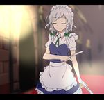  apron bangs blurry blurry_background bow braid closed_eyes closed_mouth cowboy_shot dual_wielding eyebrows_visible_through_hair facing_viewer green_bow green_ribbon hair_bow holding holding_knife indoors izayoi_sakuya knife letterboxed maid maid_headdress makuwauri neck_ribbon ribbon short_sleeves side_braid silver_hair smile solo touhou twin_braids waist_apron white_apron 