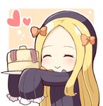  :&gt; ^_^ abigail_williams_(fate/grand_order) blonde_hair blush bow closed_eyes commentary fate/grand_order fate_(series) food hair_bow heart long_hair long_sleeves ominaeshi_(takenoko) outline pancake ribbon sleeves_past_fingers sleeves_past_wrists smile white_background white_outline 