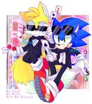  anthro black_nose canine clothing dipstick_tail duo english_text eyewear footwear fox fur gloves hedgehog jearis male mammal miles_prower multicolored_tail smile sonic_(series) sonic_the_hedgehog suit sunglasses text video_games white_fur yellow_fur 