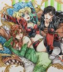  black_hair blonde_hair bodysuit breasts catwoman cleavage dc_comics goggles harley_quinn highres large_breasts midriff multiple_girls poison_ivy red_hair sao_(saowee) selina_kyle traditional_media 