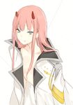  bangs blue_eyes breasts closed_mouth collarbone darling_in_the_franxx horns jacket_on_shoulders licking_lips long_hair looking_at_viewer lpip medium_breasts military_jacket naked_coat pink_hair solo tongue tongue_out white_background white_coat zero_two_(darling_in_the_franxx) 