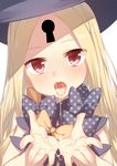  abigail_williams_(fate/grand_order) bangs black_hat blonde_hair blush bow cum cum_in_hands cum_in_mouth eyebrows_visible_through_hair eyes_visible_through_hair fate/grand_order fate_(series) fingernails hands_up hat head_tilt keyhole long_hair looking_at_viewer open_mouth orange_bow parted_bangs polka_dot polka_dot_bow racer_(magnet) red_eyes simple_background solo tongue tongue_out upper_body white_background 