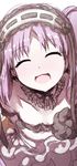  :d ^_^ bad_id bad_pixiv_id bangs blush closed_eyes collarbone detached_collar dress eyebrows_visible_through_hair facing_viewer fate/grand_order fate_(series) frilled_hairband frills hairband head_tilt highres long_hair open_mouth purple_hair sketch smile solo stheno strapless strapless_dress wada_kazu white_dress 