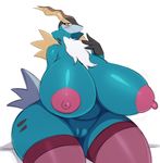  2018 absurd_res anthro areola big_breasts breasts cobalion digital_media_(artwork) female hi_res horn huge_breasts legendary_pok&eacute;mon looking_at_viewer nintendo nipples pok&eacute;mon pok&eacute;mon_(species) pussy simple_background slightly_chubby solo sssonic2 thick_thighs video_games 