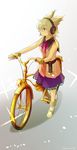  artist_name bicycle blonde_hair closed_mouth earmuffs full_body ground_vehicle makuwauri mary_janes neck_ribbon pointy_hair purple_ribbon purple_skirt ribbon shoes short_hair skirt sleeveless socks solo standing standing_on_one_leg touhou toyosatomimi_no_miko walking_bike white_legwear yellow_eyes yellow_footwear 