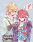  1girl aruba blonde_hair blush cold fins fish_girl hair_ornament jacket jewelry link long_hair mipha monster_girl multicolored multicolored_skin no_eyebrows pointy_ears red_hair red_skin snowing the_legend_of_zelda the_legend_of_zelda:_breath_of_the_wild yellow_eyes zora 