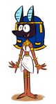  animal_head anubian_jackal anubis black_fur bracelet canine clothed clothing crossgender cute deity egyptian fangs fur headdress jackal jewelry mammal midriff simple_background skirt smile solo squiddybiddy 