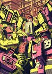  80s bonecrusher borezet cable clenched_hand construction_site damaged decepticon energy_cannon grin highres hook_(transformers) long_haul mecha mixmaster multiple_boys no_humans oldschool robot scavenger_(transformers) science_fiction scrapper_(transformers) smile thumbs_up transformers 