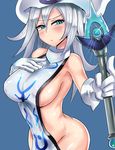  blue_eyes breasts commentary_request duel_monster gloves hat highres iojkmn large_breasts long_hair silent_magician silver_hair solo wand witch_hat wizard_hat yuu-gi-ou yuu-gi-ou_duel_monsters 