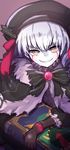  bad_id bad_pixiv_id bangs beret black_bow black_capelet black_gloves black_hat blood bloody_tears book bow brooch brown_background brown_eyes capelet dark_persona doll_joints elbow_gloves evil_grin evil_smile eyebrows_visible_through_hair fate/extra fate/grand_order fate_(series) fur-trimmed_capelet fur_trim gloves grin hair_between_eyes hat highres holding holding_book jewelry long_sleeves looking_at_viewer nursery_rhyme_(fate/extra) pale_skin sharp_teeth silver_hair simple_background sketch smile solo teeth wada_kazu 