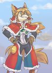  anthro blue_eyes brown_fur brown_hair canine caninu chronosaster clothed clothing cloud eyewear floating_island fur gloves goggles hair hands_on_hips hat hi_res male mammal mantle outside pants red_savarin scar smile solatorobo solo video_games 