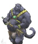  anthro aokmaidu belly big_belly black_fur black_panther bracelet bulge clothed clothing feline fur green_eyes harness holding_object holding_weapon jewelry loincloth male mammal melee_weapon moobs mostly_nude musclegut muscular muscular_male nipples overweight overweight_male panther simple_background smile solo sword weapon whiskers white_background 