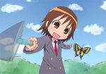  blazer brown_eyes brown_hair bug butterfly butterfly_net cloud day dondurma foreshortening graphite_(medium) hand_net insect jacket kill_me_baby motion_blur necktie open_mouth oribe_yasuna outdoors red_neckwear school_uniform short_hair sky solo traditional_media 