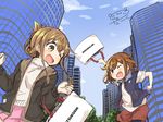  :d ;d blush brown_eyes brown_hair casual city commentary_request darkside day fang folded_ponytail ikazuchi_(kantai_collection) inazuma_(kantai_collection) jacket kantai_collection mitsukoshi_(department_store) multiple_girls one_eye_closed open_mouth signature sketch sky smile v-shaped_eyebrows 