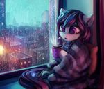  2017 bedding beverage big_eyes blanket building city coffee cup cute earbuds earth_pony equine fan_character female feral full-length_portrait fur hair hairclip headphones hi_res holding_object horse inowiseei inside light listening_to_music mammal my_little_pony open_mouth pillow pony portable_music_player portrait purple_eyes purple_hair raining sitting skyscraper solo steam tongue water watermark white_fur window 