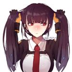  alternate_hairstyle bangs blazer blunt_bangs blush breasts buckle bunching_hair closed_mouth collared_shirt confetti eyebrows_visible_through_hair girls_frontline gloves hanato_(seonoaiko) holding holding_hair jacket large_breasts light_frown long_hair long_sleeves looking_away necktie purple_hair red_eyes red_neckwear shirt sidelocks signature simple_background solo strap twitter_username two_side_up wa2000_(girls_frontline) white_background white_shirt 
