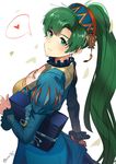  absurdres alternate_costume blush dress fire_emblem fire_emblem:_rekka_no_ken fire_emblem_heroes green_eyes green_hair high_ponytail highres long_hair looking_at_viewer lyndis_(fire_emblem) ormille ponytail simple_background smile 