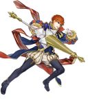  blue_eyes cape eliwood_(fire_emblem) fire_emblem fire_emblem:_rekka_no_ken fire_emblem_heroes full_body highres holding itou_misei male_focus official_art open_mouth polearm red_hair solo spear transparent_background weapon 