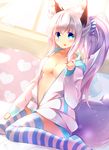  :d ahoge akiaki_(mofumo-freak) animal_ears aqua_eyes bed_sheet breasts cleavage commentary_request fox_ears fox_tail holding jacket long_hair looking_at_viewer medium_breasts mimikaki navel no_shoes open_mouth original pillow ponytail silver_hair sitting smile solo tail wariza 