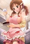  :o apron blush breasts brown_eyes brown_hair cake commentary_request cream cream_on_body food highres idolmaster idolmaster_cinderella_girls kazu large_breasts long_hair open_mouth panties pantyshot pantyshot_(standing) pastry_bag scrunchie sideboob solo spill standing totoki_airi twintails underwear 