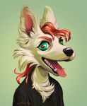  anthro canine chest_tuft clothed clothing dog fangs green_eyes hair kidkhat mammal open_mouth portrait red_hair red_pupils simple_background solo teeth tongue tongue_out tuft 
