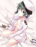 admiral_(kantai_collection) admiral_(kantai_collection)_(cosplay) barefoot bed_sheet between_legs blush breasts cleavage coat collarbone commentary_request convenient_arm cosplay dated eyebrows_visible_through_hair eyepatch eyepatch_removed full_body green_eyes green_hair groin hand_between_legs hand_on_own_face hat heterochromia jacket_on_shoulders kabocha_torute kantai_collection kiso_(kantai_collection) long_sleeves medium_breasts military military_uniform naked_coat naval_uniform no_bra no_panties open_clothes open_coat peaked_cap pleated_skirt sailor_hat short_hair sideways_hat sitting skirt skirt_removed sleeves_past_wrists solo twitter_username uniform wariza white_coat white_hat white_skirt yellow_eyes 