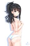  ass bangs black_eyes black_hair blush breasts covering covering_breasts highres idolmaster idolmaster_shiny_colors infinote kazano_hiori long_hair looking_at_viewer mole mole_under_mouth panties small_breasts solo topless underwear underwear_only wavy_hair white_panties 