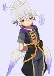  angel angel_wings blush commentary great_kichi halo low_wings luke_venus male_focus mini_wings pointy_ears pop-up_story purple_eyes silver_hair twitter_username wings 