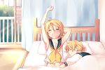  1girl ahoge aoi_choko_(aoichoco) arm_around_waist arms_up balcony bare_shoulders bed bed_sheet blonde_hair blush brother_and_sister closed_eyes highres hug kagamine_len kagamine_rin lying messy_hair on_side open_mouth pillow sailor_collar shirt short_hair short_ponytail siblings sleeping sleeveless sleeveless_shirt stretch treble_clef twins vocaloid waking_up window yawning yellow_neckwear 