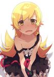  bare_shoulders black_dress blonde_hair blush bullying collarbone dress fangs frilled_dress frills long_hair looking_at_viewer monogatari_(series) ogipote open_mouth oshino_shinobu pointy_ears ribbon sad shadow simple_background solo strap_slip tearing_up tears vampire when_you_see_it white_background yellow_eyes 