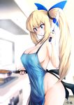  :o apron bangs black_ribbon blonde_hair blue_bow blue_eyes blue_nails blurry blurry_background blush bokeh bow breasts cleavage collarbone commentary_request cooking covered_nipples cowboy_shot depth_of_field eyebrows_visible_through_hair fingernails food frying_pan groin hair_bow hair_ornament hair_ribbon hair_tie hand_up highres holding holding_pan indoors kitchen large_breasts legs_together long_hair looking_down mirai_akari mirai_akari_project nail_polish naked_apron no_panties open_mouth pancake ribbon side_ponytail sideboob sidelocks signature solo souryu spatula standing stove very_long_hair virtual_youtuber 