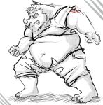  anthro barefoot belly big_belly captainjusticevirtsuoso clenched_teeth clothed clothing eyes_closed facial_piercing hair horn human human_to_anthro male mammal midriff navel nose_piercing nose_ring overweight overweight_male piercing rhinoceros simple_background solo teeth torn_clothing transformation weight_gain 
