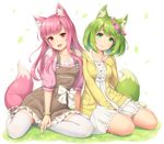  :d animal_ear_fluff animal_ears bangs blunt_bangs blush bracelet breasts closed_mouth collarbone commentary dress eyebrows_visible_through_hair fox_ears fox_tail green_eyes green_hair head_tilt head_wreath jewelry leaf long_hair looking_at_viewer medium_breasts multiple_girls open_clothes open_mouth original overalls pink_eyes pink_hair ribbon sasaame short_hair short_sleeves simple_background sitting smile socks tail thighhighs tug white_background white_legwear wreath yokozuwari 